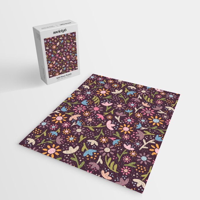 Ditsy Daisy Floral on Burgundy Jigsaw Puzzle Gallery Image 2