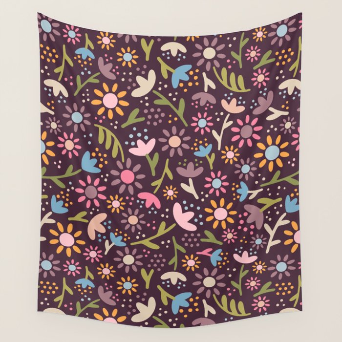 Ditsy Daisy Floral on Burgundy Wall Tapestry Gallery Image 4