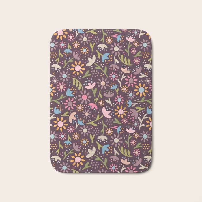Ditsy Daisy Floral on Burgundy Bath Mat Gallery Image 1