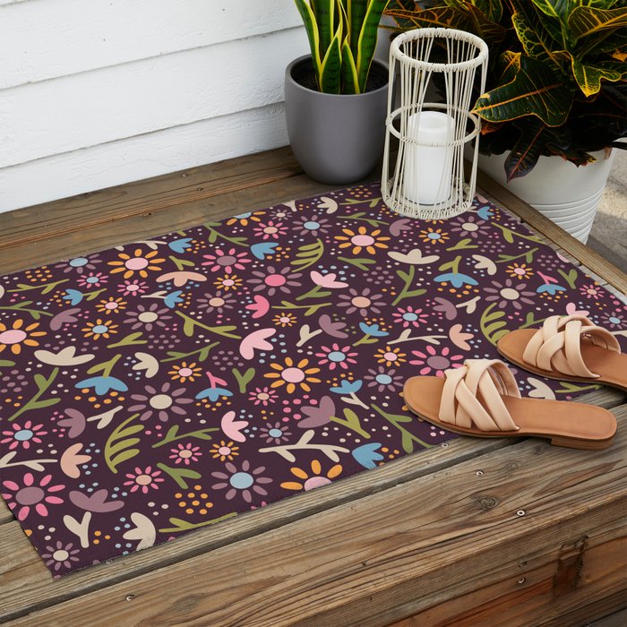 Ditsy Daisy Floral on Burgundy Outdoor Rug Gallery Image 2