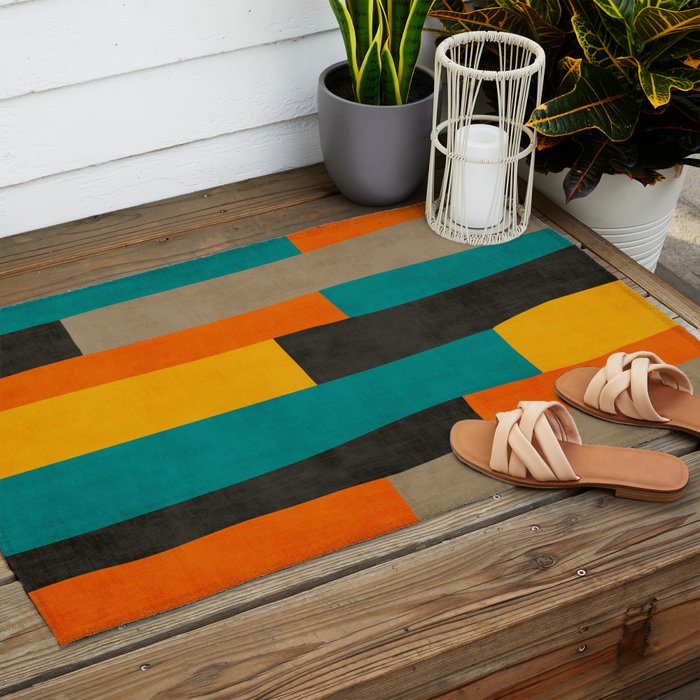 Teal Orange Black Yellow Modern Artwork Outdoor Rug Gallery Image 2
