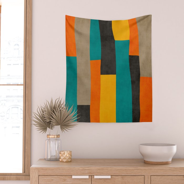 Teal Orange Black Yellow Modern Artwork Wall Tapestry Gallery Image 2