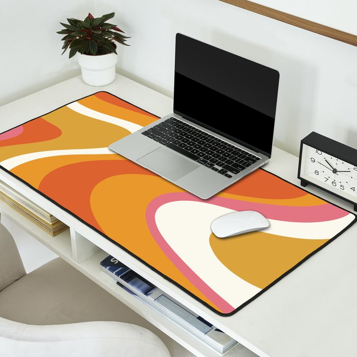 Retro Dream Liquid Swirls Abstract Ochre Orange Pink Cream Desk Mat Gallery Image 2