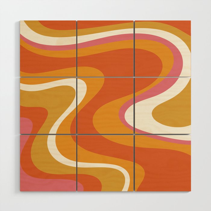 Retro Dream Liquid Swirls Abstract Ochre Orange Pink Cream Wood Wall Art Gallery Image 1