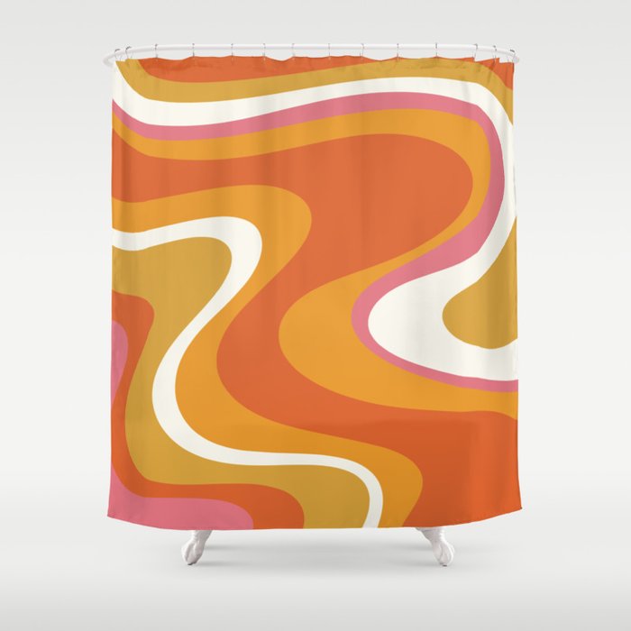 Retro Dream Liquid Swirls Abstract Ochre Orange Pink Cream Shower Curtain Gallery Image 1