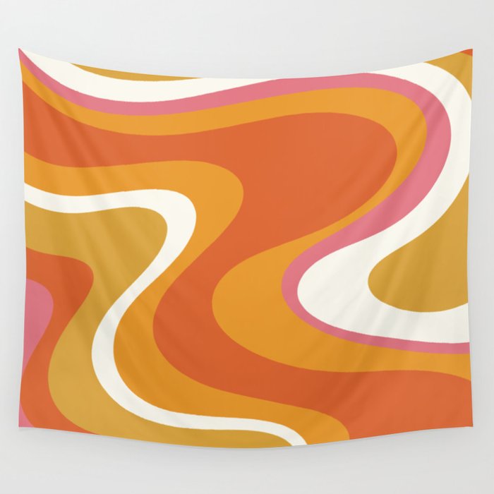 Retro Dream Liquid Swirls Abstract Ochre Orange Pink Cream Wall Tapestry Gallery Image 1