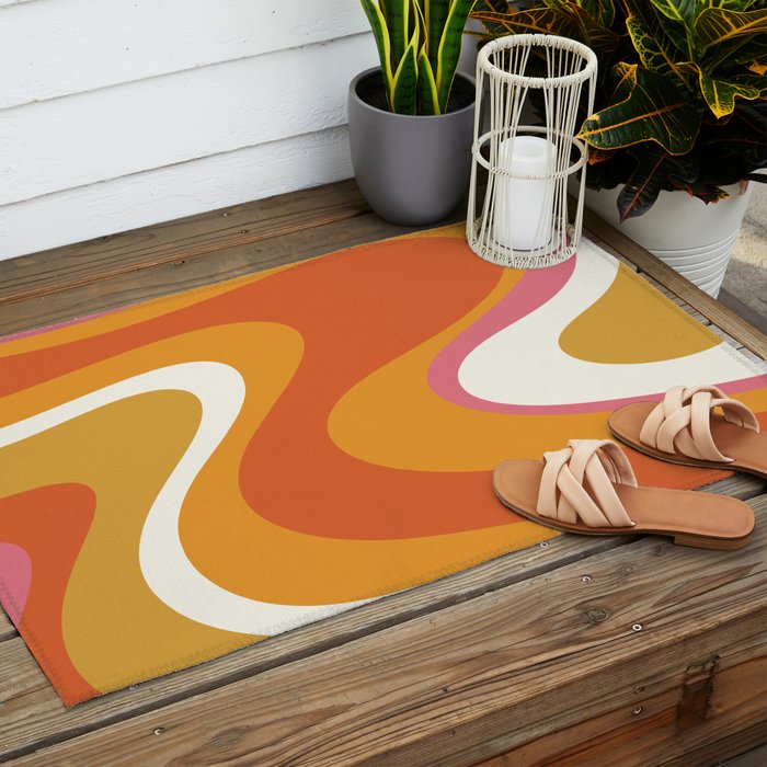 Retro Dream Liquid Swirls Abstract Ochre Orange Pink Cream Outdoor Rug Gallery Image 2
