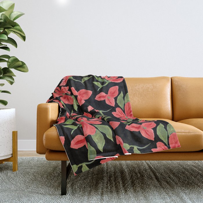 Red bold flowers in black background Throw Blanket Gallery Image 1