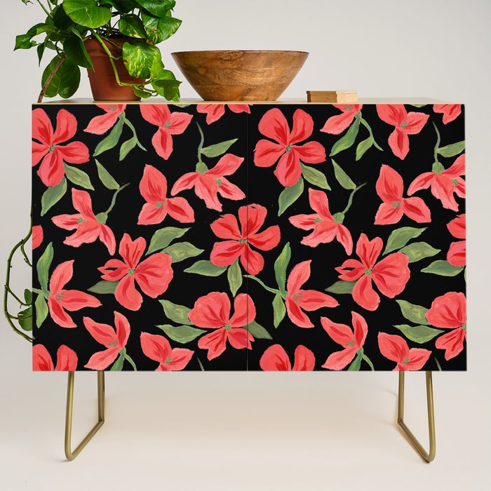 Red bold flowers in black background Credenza Gallery Image 1