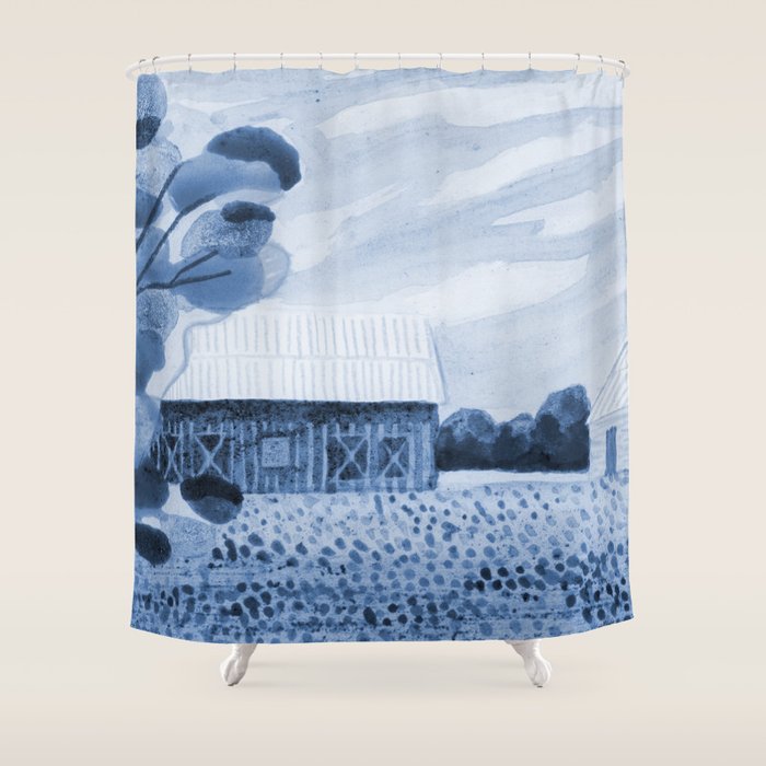 Rustic Country Barn Painting in Navy Blue Shower Curtain Gallery Image 1