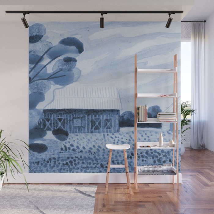 Rustic Country Barn Painting in Navy Blue Wall Mural Gallery Image 1