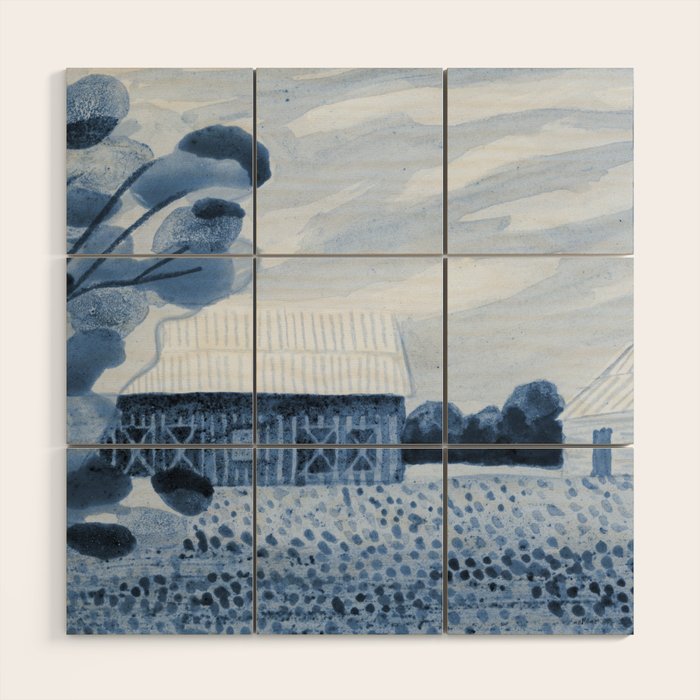 Rustic Country Barn Painting in Navy Blue Wood Wall Art Gallery Image 1