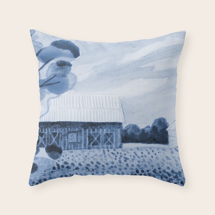 Rustic Country Barn Painting in Navy Blue Throw Pillow Gallery Image 6