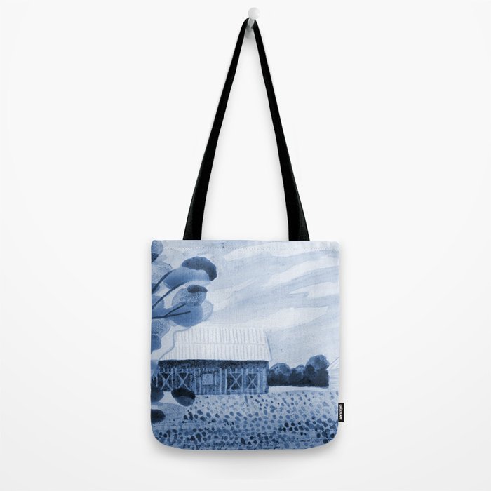 Rustic Country Barn Painting in Navy Blue Tote Bag Gallery Image 2