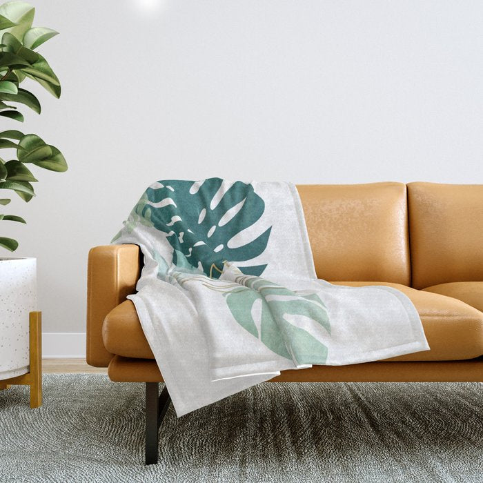 Tropical minimal / green, turquoise and gold monstera Throw Blanket Gallery Image 1