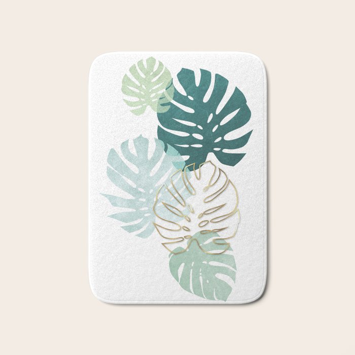 Tropical minimal / green, turquoise and gold monstera Bath Mat Gallery Image 1
