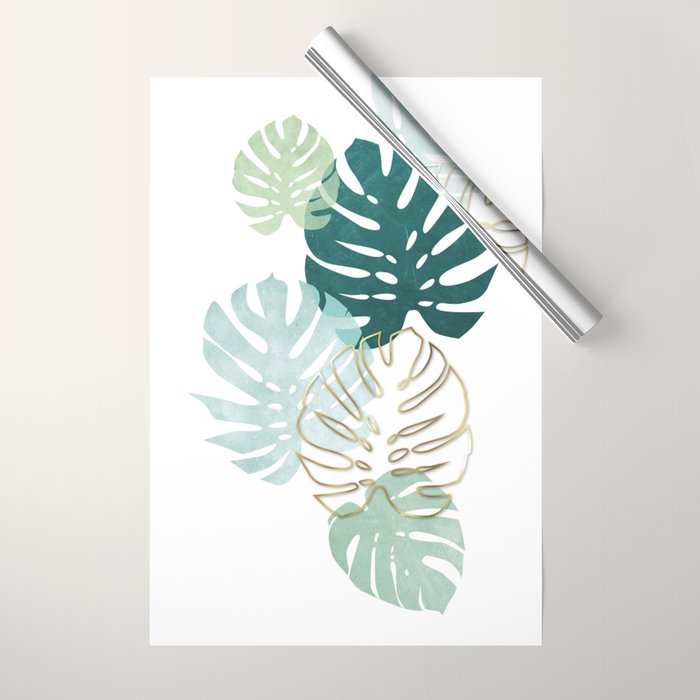 Tropical minimal / green, turquoise and gold monstera Wrapping Paper Gallery Image 1