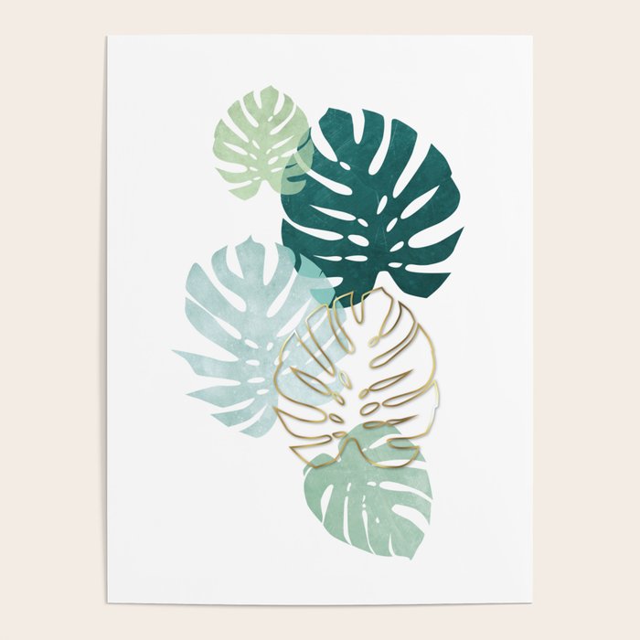 Tropical minimal / green, turquoise and gold monstera Poster Gallery Image 4