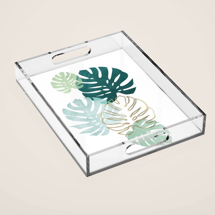 Tropical minimal / green, turquoise and gold monstera Acrylic Tray Gallery Image 1
