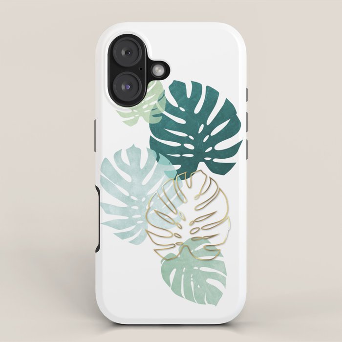 Tropical minimal / green, turquoise and gold monstera iPhone Case Gallery Image 1