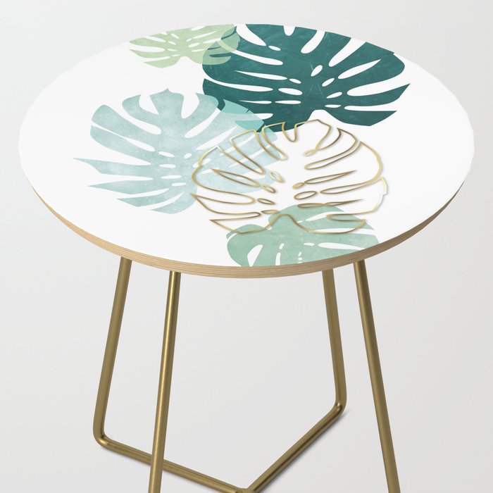 Tropical minimal / green, turquoise and gold monstera Side Table Gallery Image 2