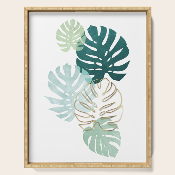 Tropical minimal / green, turquoise and gold monstera Serving Tray Gallery Image 1