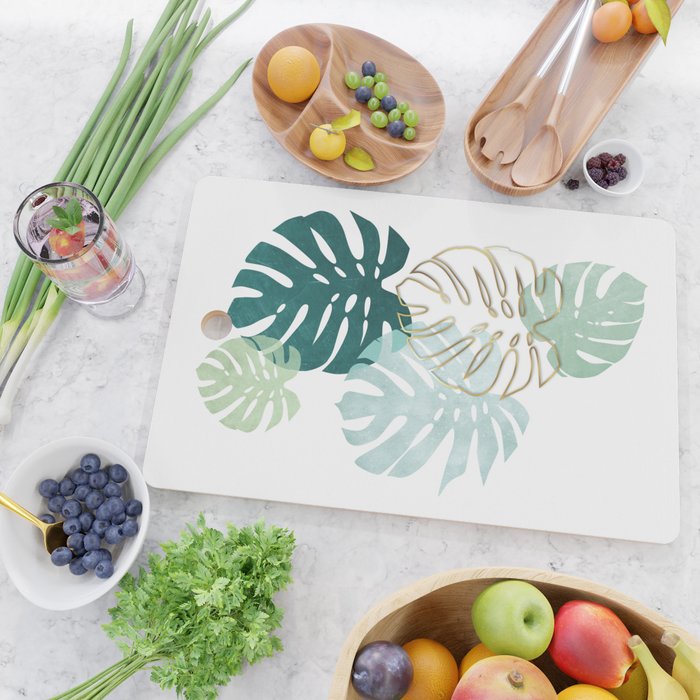 Tropical minimal / green, turquoise and gold monstera Cutting Board Gallery Image 2