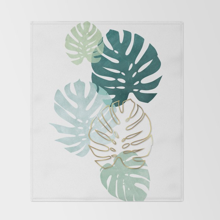 Tropical minimal / green, turquoise and gold monstera Throw Blanket Gallery Image 2