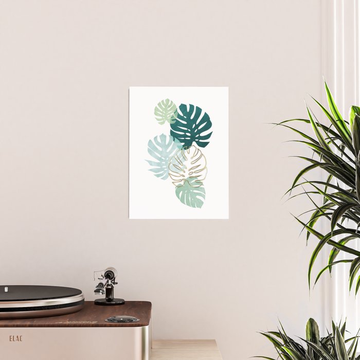 Tropical minimal / green, turquoise and gold monstera Poster Gallery Image 2