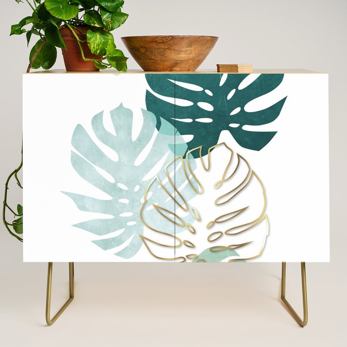 Tropical minimal / green, turquoise and gold monstera Credenza Gallery Image 1