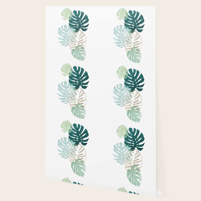 Tropical minimal / green, turquoise and gold monstera Wallpaper Gallery Image 2