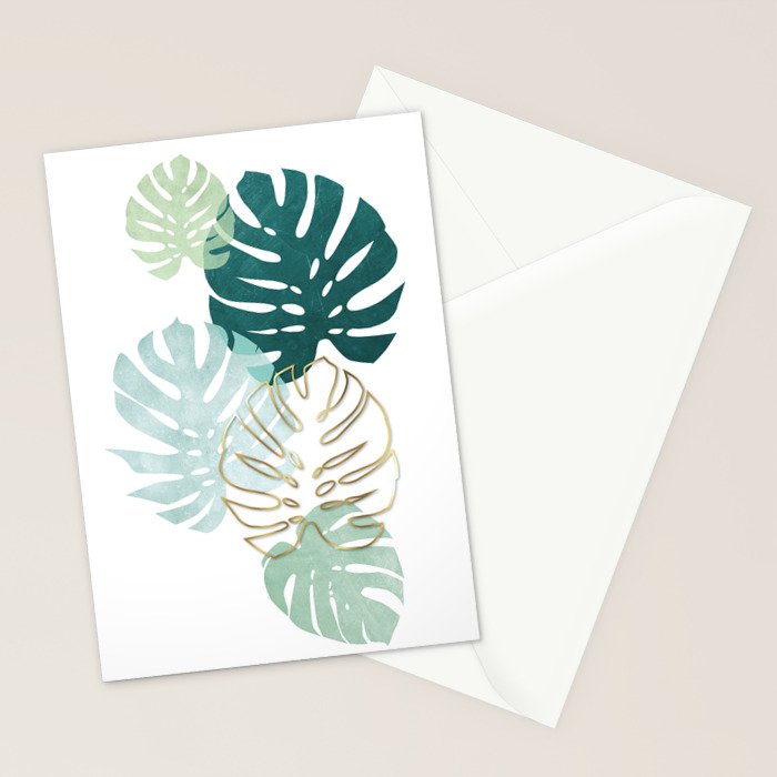 Tropical minimal / green, turquoise and gold monstera Stationery Card Gallery Image 2