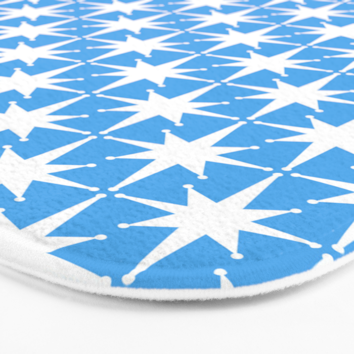 Mid Century Modern Atomic Stars Pattern Bold Blue and White Bath Mat Gallery Image 3