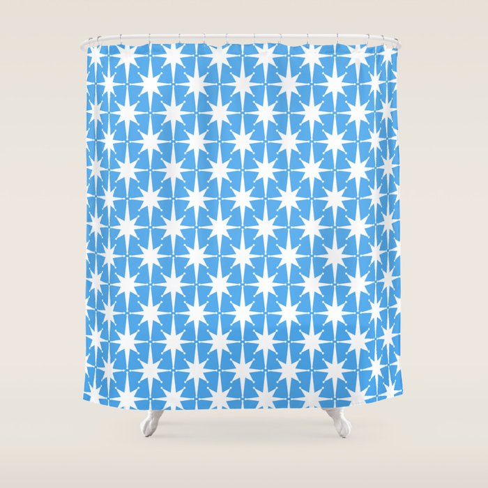 Mid Century Modern Atomic Stars Pattern Bold Blue and White Shower Curtain Gallery Image 1