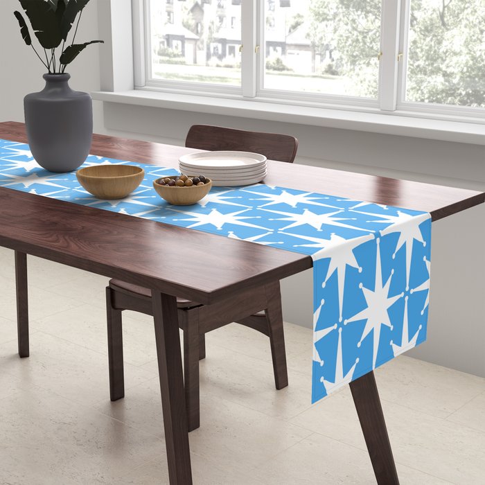 Mid Century Modern Atomic Stars Pattern Bold Blue and White Table Runner Gallery Image 2