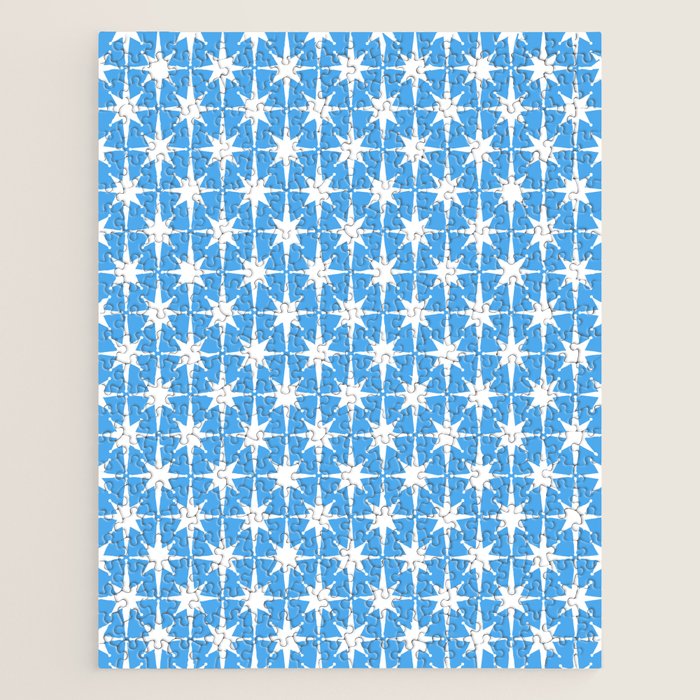 Mid Century Modern Atomic Stars Pattern Bold Blue and White Jigsaw Puzzle Gallery Image 1