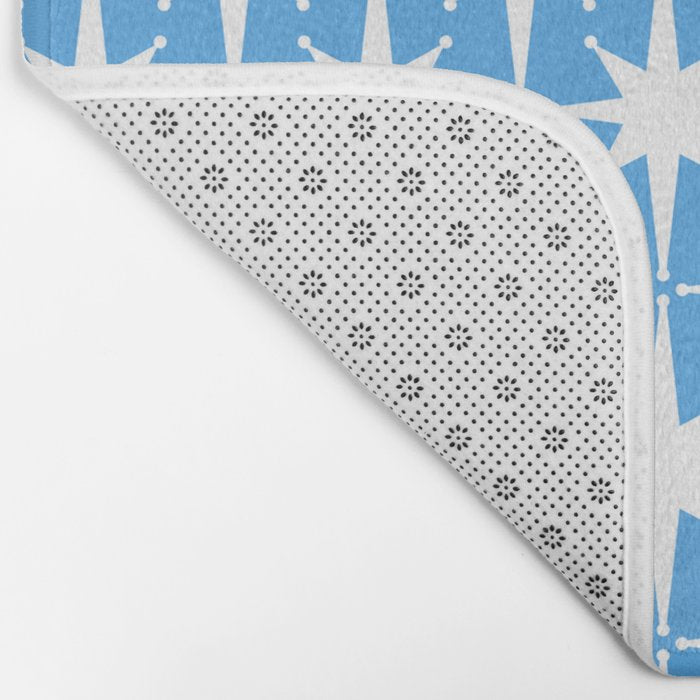 Mid Century Modern Atomic Stars Pattern Bold Blue and White Bath Mat Gallery Image 2