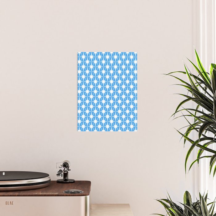 Mid Century Modern Atomic Stars Pattern Bold Blue and White Poster Gallery Image 2