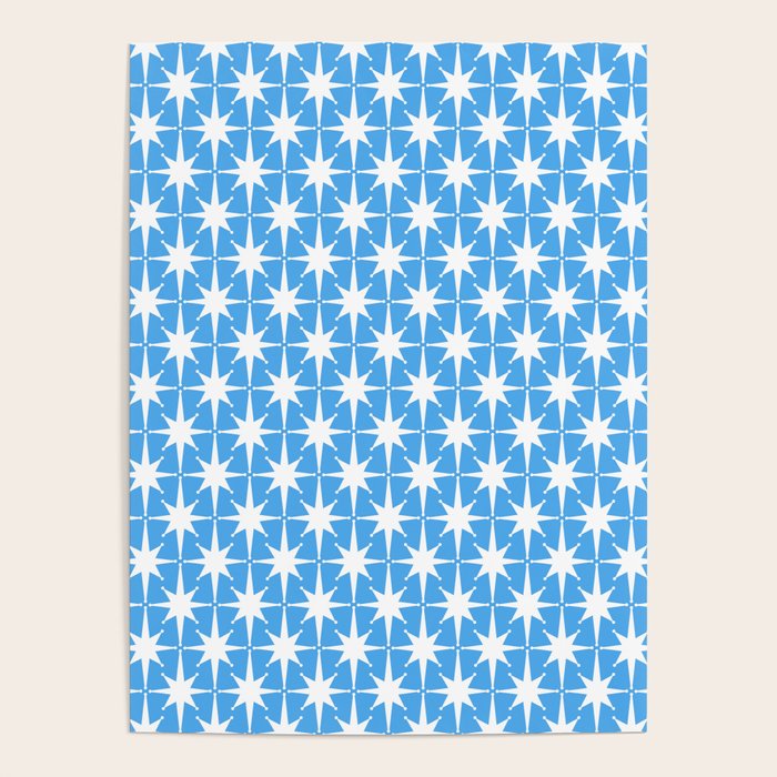 Mid Century Modern Atomic Stars Pattern Bold Blue and White Poster Gallery Image 1
