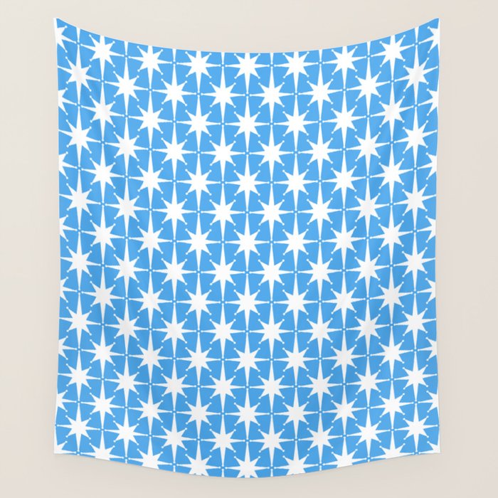 Mid Century Modern Atomic Stars Pattern Bold Blue and White Wall Tapestry Gallery Image 1