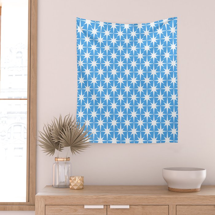 Mid Century Modern Atomic Stars Pattern Bold Blue and White Wall Tapestry Gallery Image 2