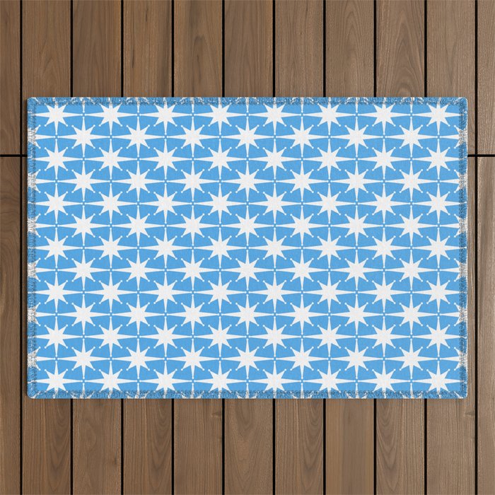 Mid Century Modern Atomic Stars Pattern Bold Blue and White Outdoor Rug Gallery Image 1