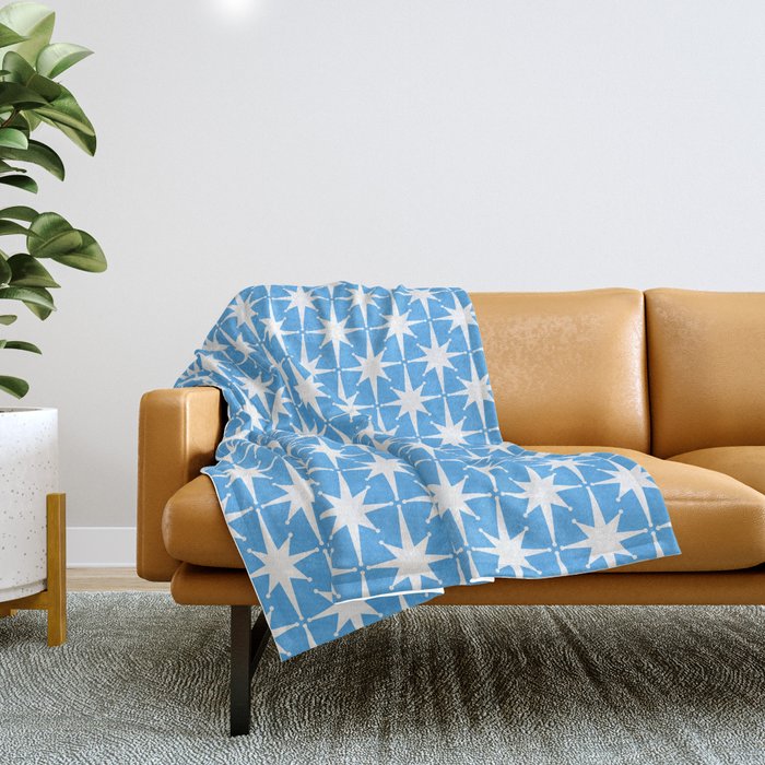 Mid Century Modern Atomic Stars Pattern Bold Blue and White Throw Blanket Gallery Image 1