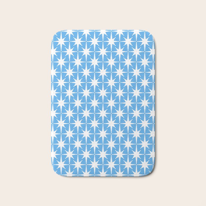 Mid Century Modern Atomic Stars Pattern Bold Blue and White Bath Mat Gallery Image 1