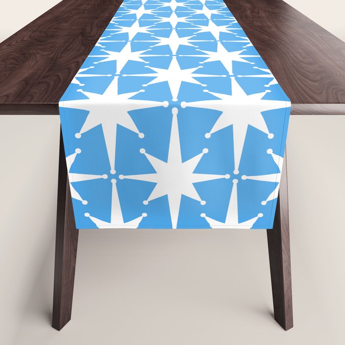 Mid Century Modern Atomic Stars Pattern Bold Blue and White Table Runner Gallery Image 1