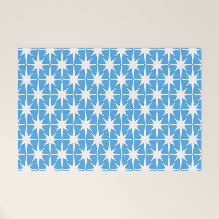 Mid Century Modern Atomic Stars Pattern Bold Blue and White Welcome Mat Gallery Image 1