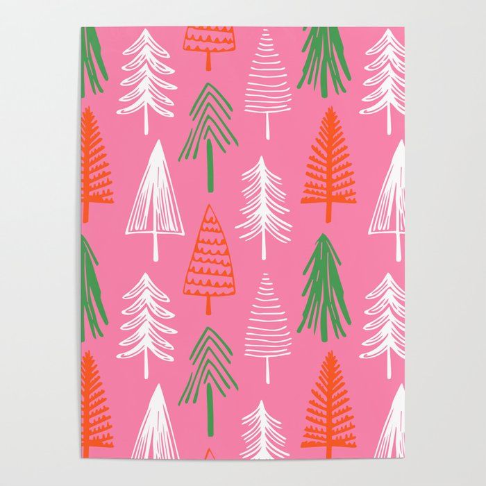 Pink christmas pine tree doodle pattern Poster Gallery Image 1
