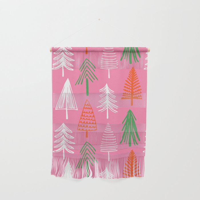 Pink christmas pine tree doodle pattern Wall Hanging Gallery Image 1