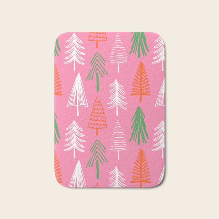 Pink christmas pine tree doodle pattern Bath Mat Gallery Image 1
