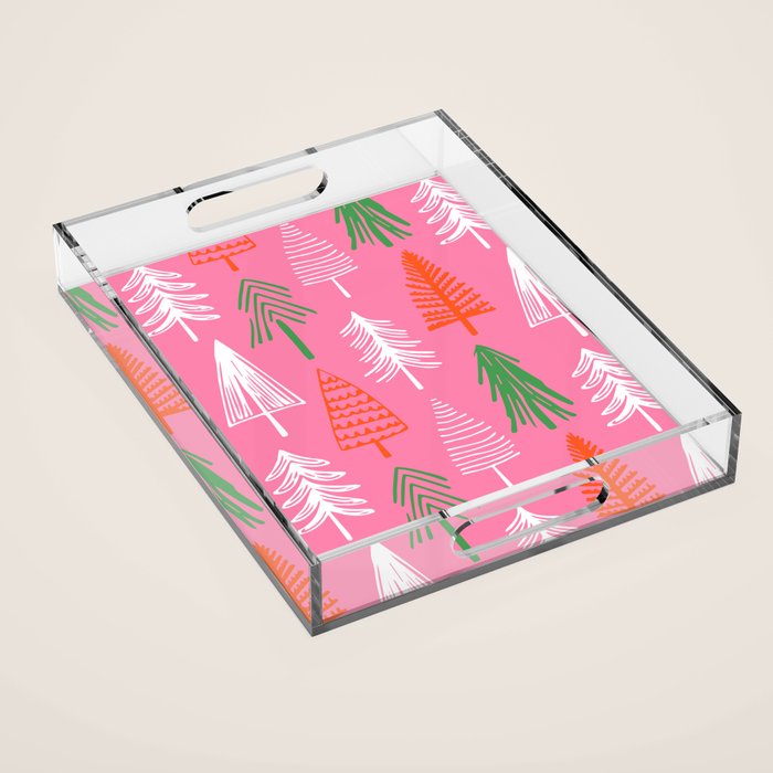 Pink christmas pine tree doodle pattern Acrylic Tray Gallery Image 1